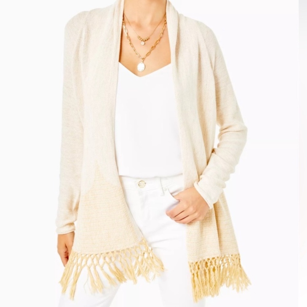 Lilly Pulitzer Tatum Long Fringe Hem Gold Metallic Sweater size small